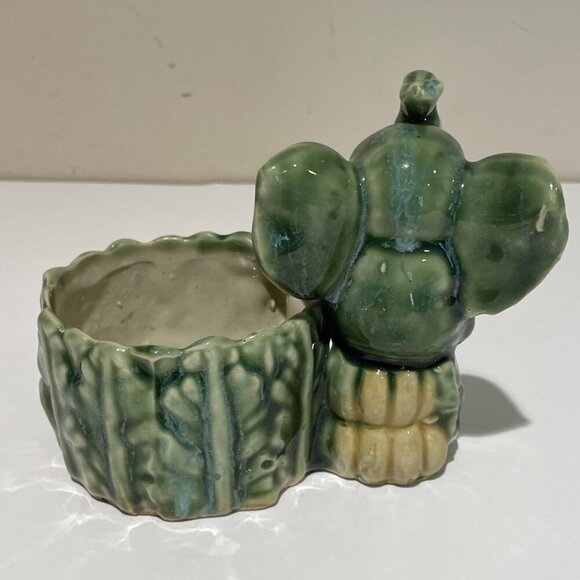VTG Majolica Style Elephant Planter Bamboo Succulent Trunk Up Good Luck Green - Picture 5 of 11